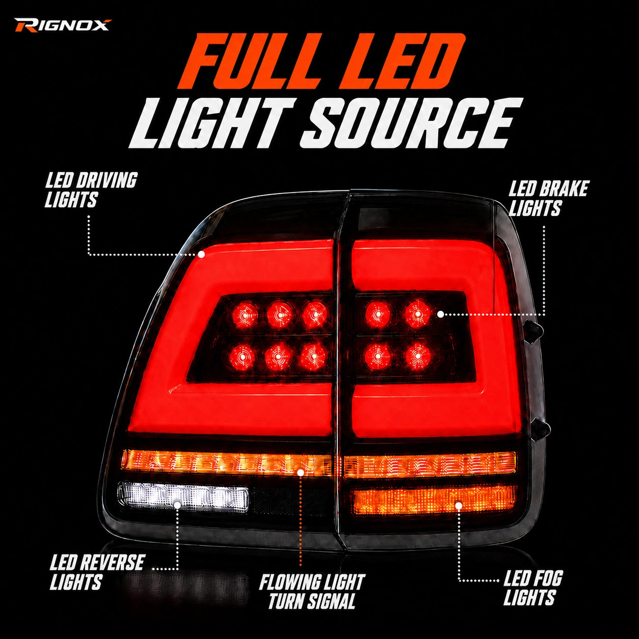 1998-2007 Toyota Land Cruiser 100 Sequential LED Tail Lights Assembly — full led lighting identification — T-LC100-98-SW