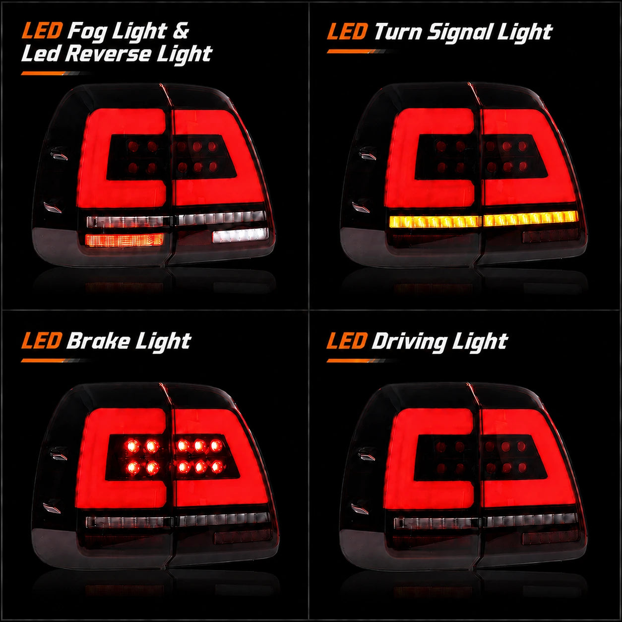 1998-2007 Toyota Land Cruiser 100 Sequential LED Tail Lights Assembly — lighting functions — T-LC100-98-RW