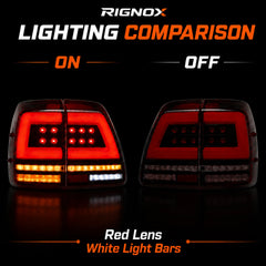 1998-2007 Toyota Land Cruiser 100 Sequential LED Tail Lights Assembly — lighting comparison — T-LC100-98-RW