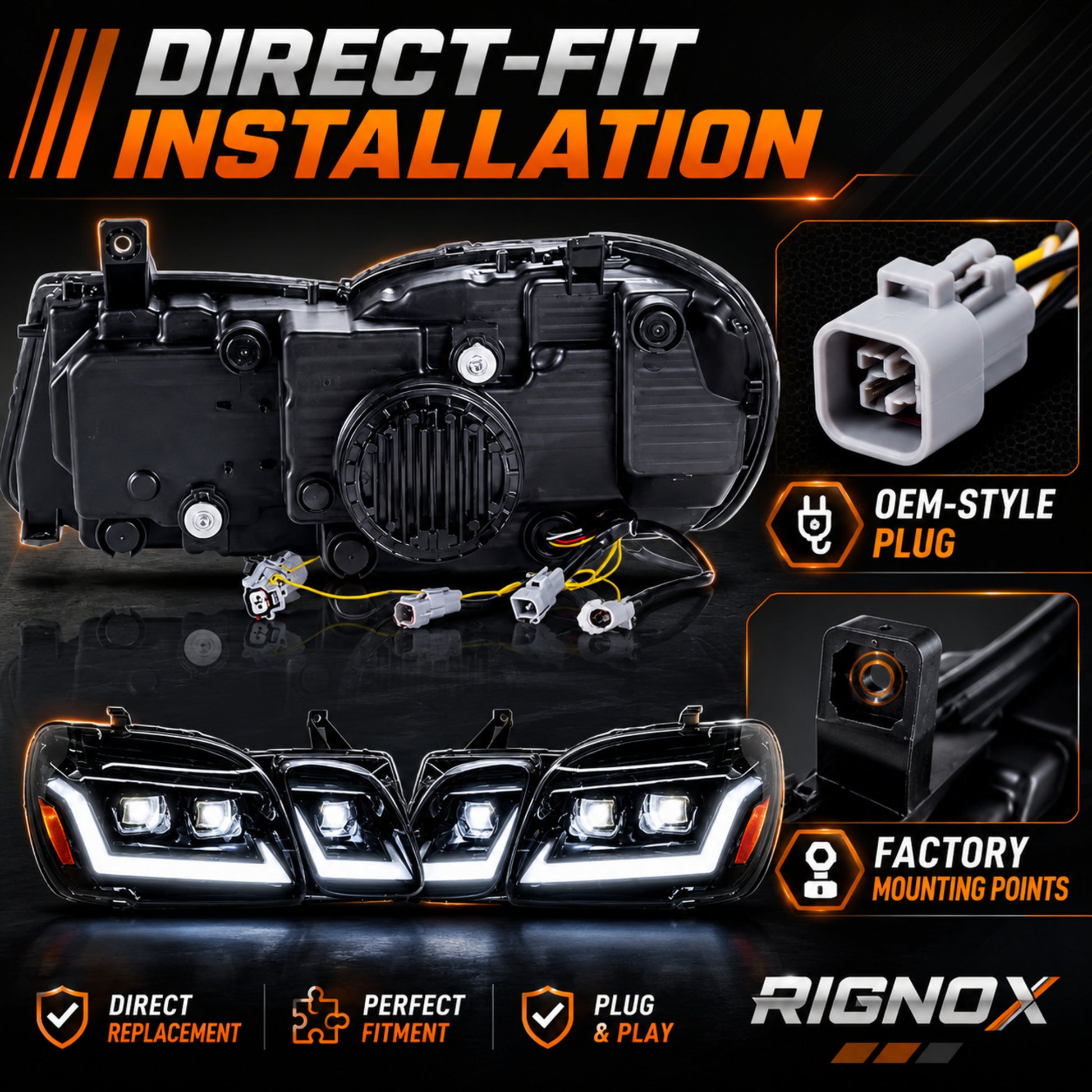 1998-2007 Lexus LX470 LED Triple Projector Headlights — black housing ledprojector sequential turn signal direct fit