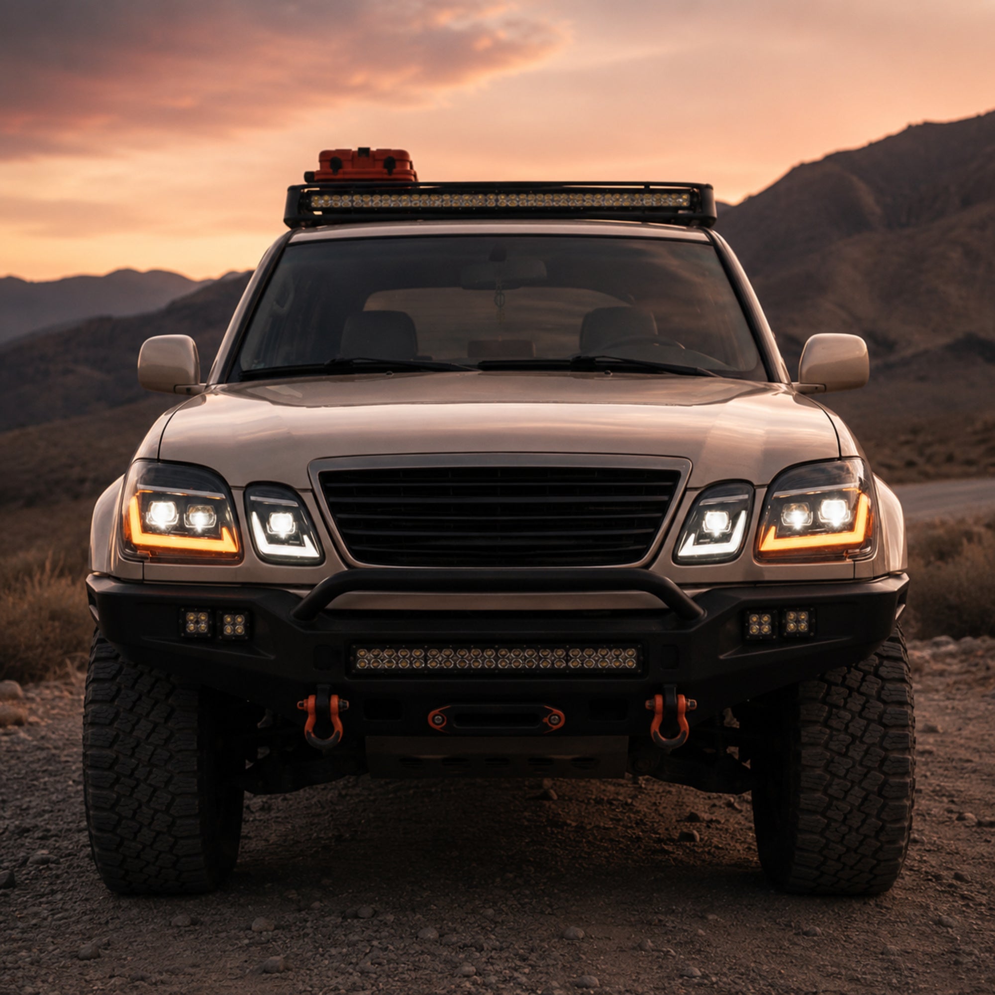1998-2007 Lexus LX470 LED Triple Projector Headlights — black housing ledprojector sequential turn signal front white DRL