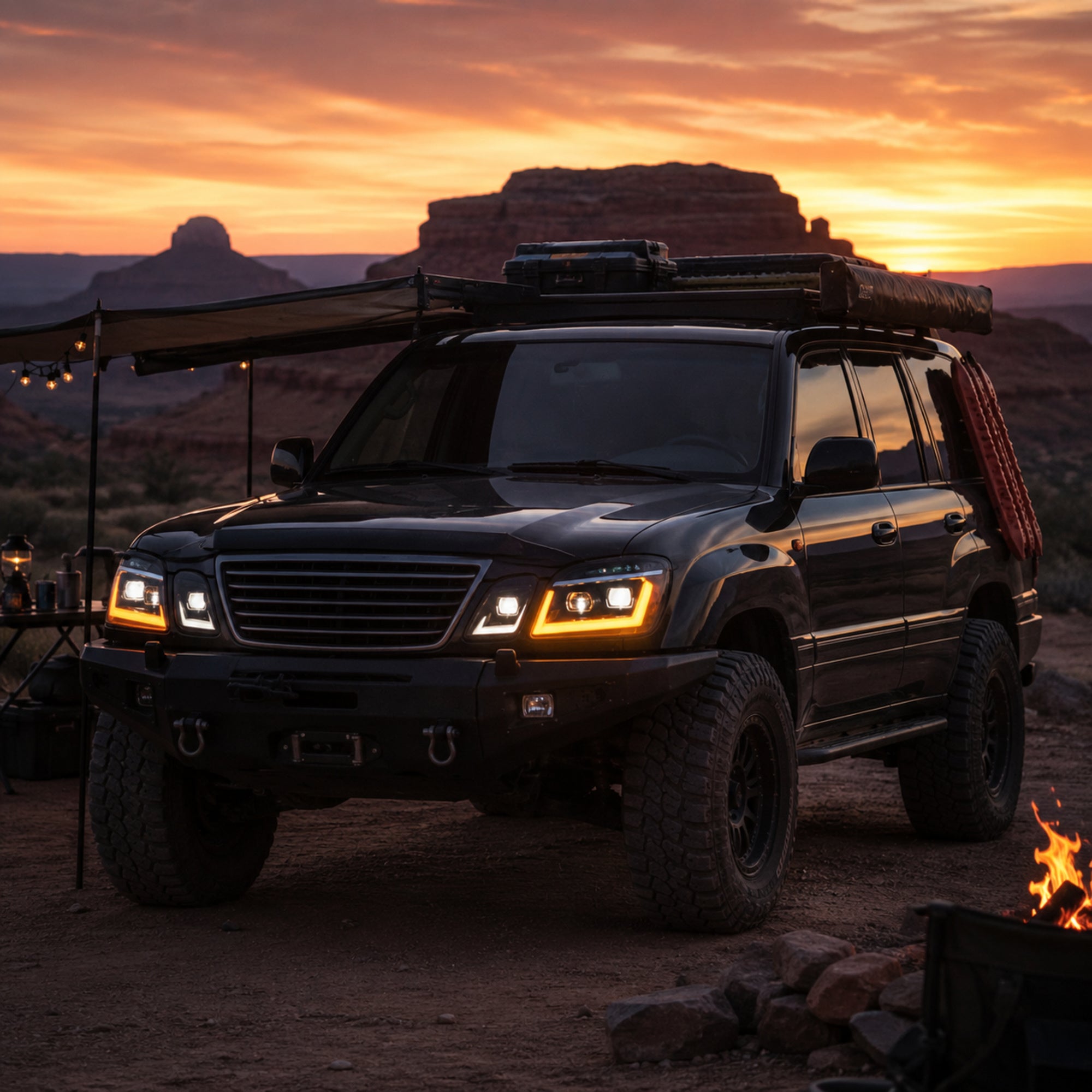 1998-2007 Lexus LX470 LED Triple Projector Headlights — black housing ledprojector sequential turn signal overland camp