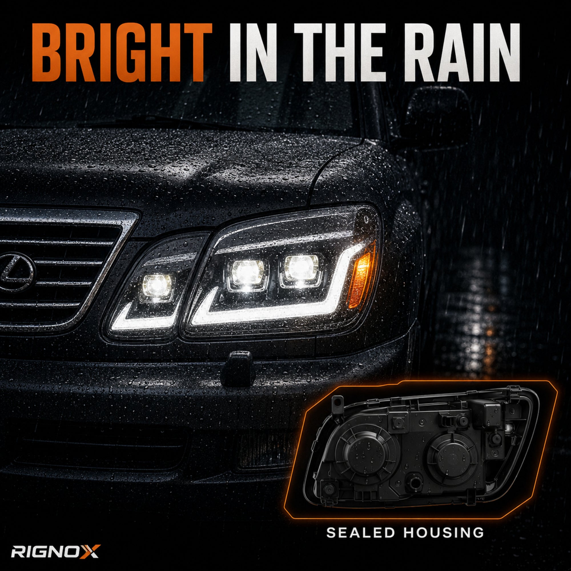 1998-2007 Lexus LX470 LED Triple Projector Headlights — black housing ledprojector sequential turn signal rain proof