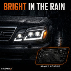 1998-2007 Lexus LX470 LED Triple Projector Headlights — black housing ledprojector sequential turn signal rain proof