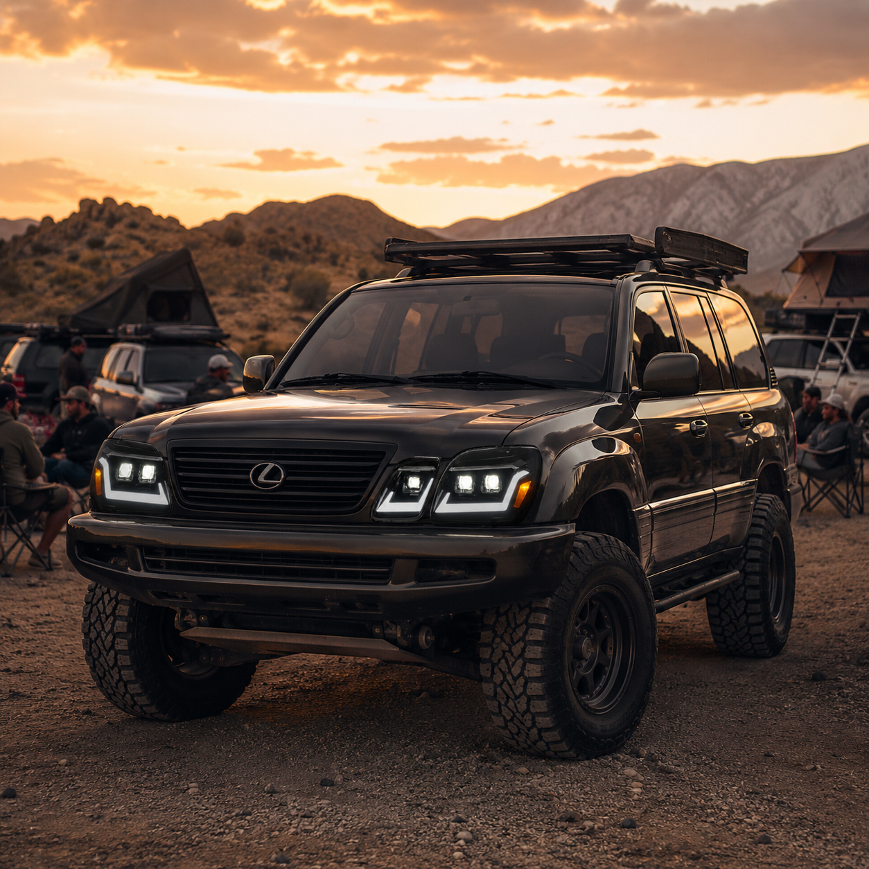 1998-2007 Lexus LX470 LED Triple Projector Headlights — black housing car meet camping scene