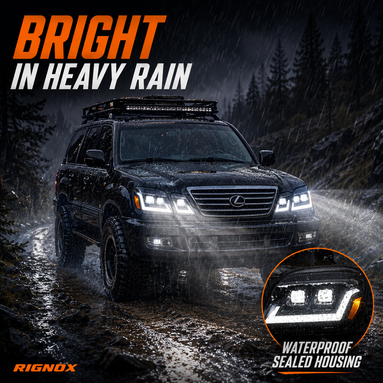 1998-2007 Lexus LX470 LED Triple Projector Headlights — black housing LED projector sequential turn signal rain waterproof