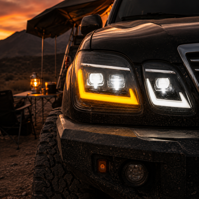 1998-2007 Lexus LX470 LED Triple Projector Headlights — h lx470 LED projector sequential turn signal camping close up