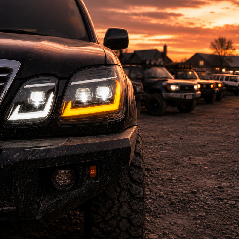 1998-2007 Lexus LX470 LED Triple Projector Headlights — h lx470 LED projector sequential turn signal car meet close up