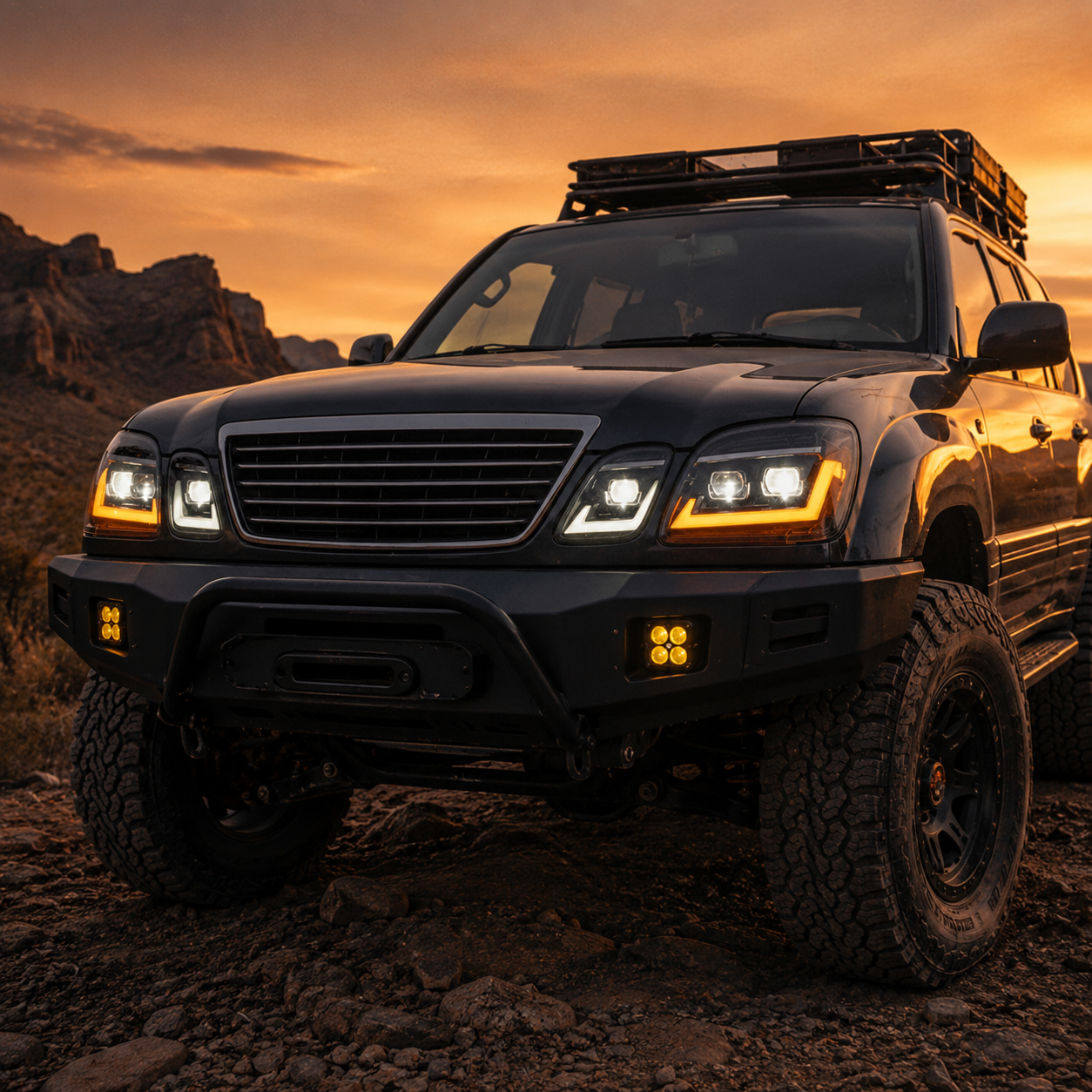 1998-2007 Lexus LX470 LED Triple Projector Headlights — h lx470 LED projector sequential turn signal dusk front 45 off road