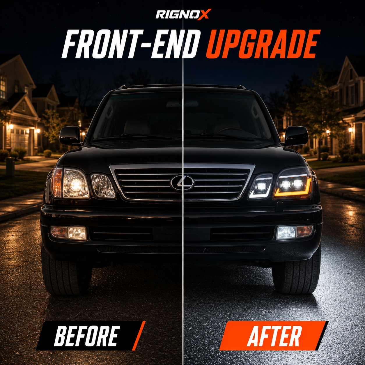 1998-2007 Lexus LX470 LED Triple Projector Headlights — LED projector before after