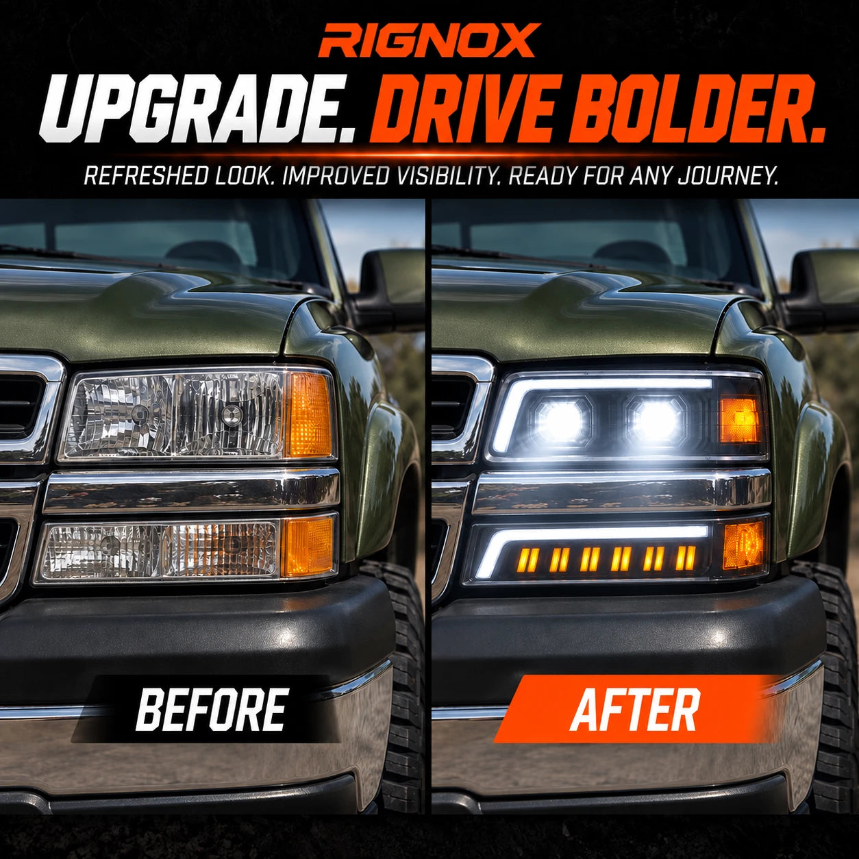 1999-2002 Chevrolet Silverado & 2000-2006 Tahoe / Suburban LED Dual Projector Headlights — before and after — H-SIL99