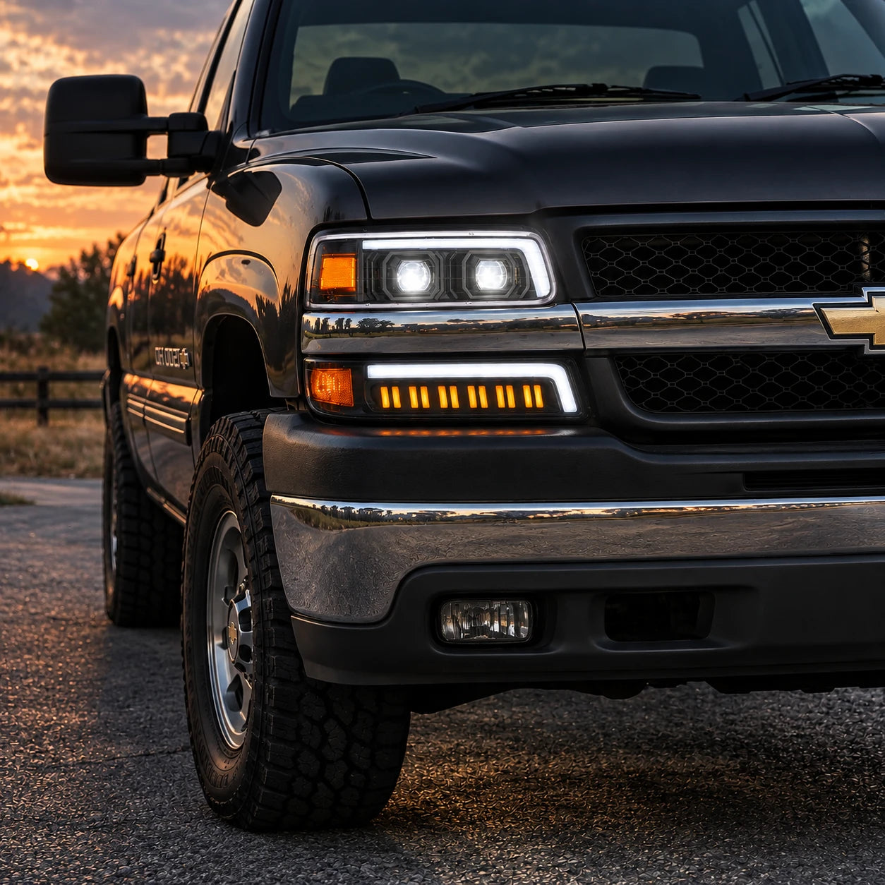 1999-2002 Chevrolet Silverado & 2000-2006 Tahoe / Suburban LED Dual Projector Headlights — sunset close-up — H-SIL99