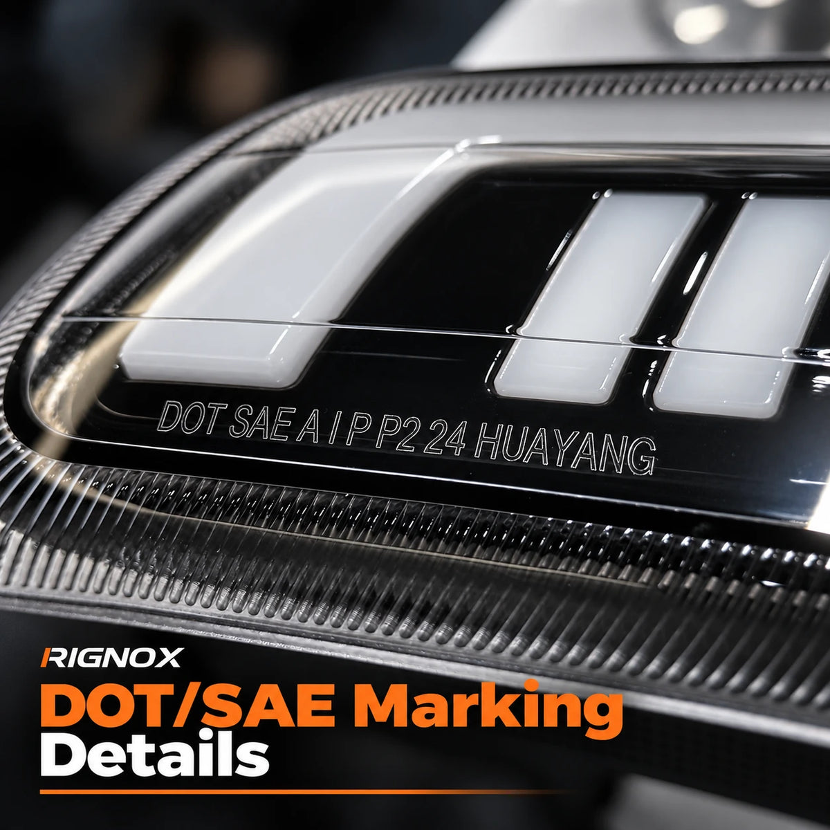 1999-2002 Chevrolet Silverado & 2000-2006 Tahoe / Suburban LED Dual Projector Headlights — DOT SAE marking detail — H-SIL99