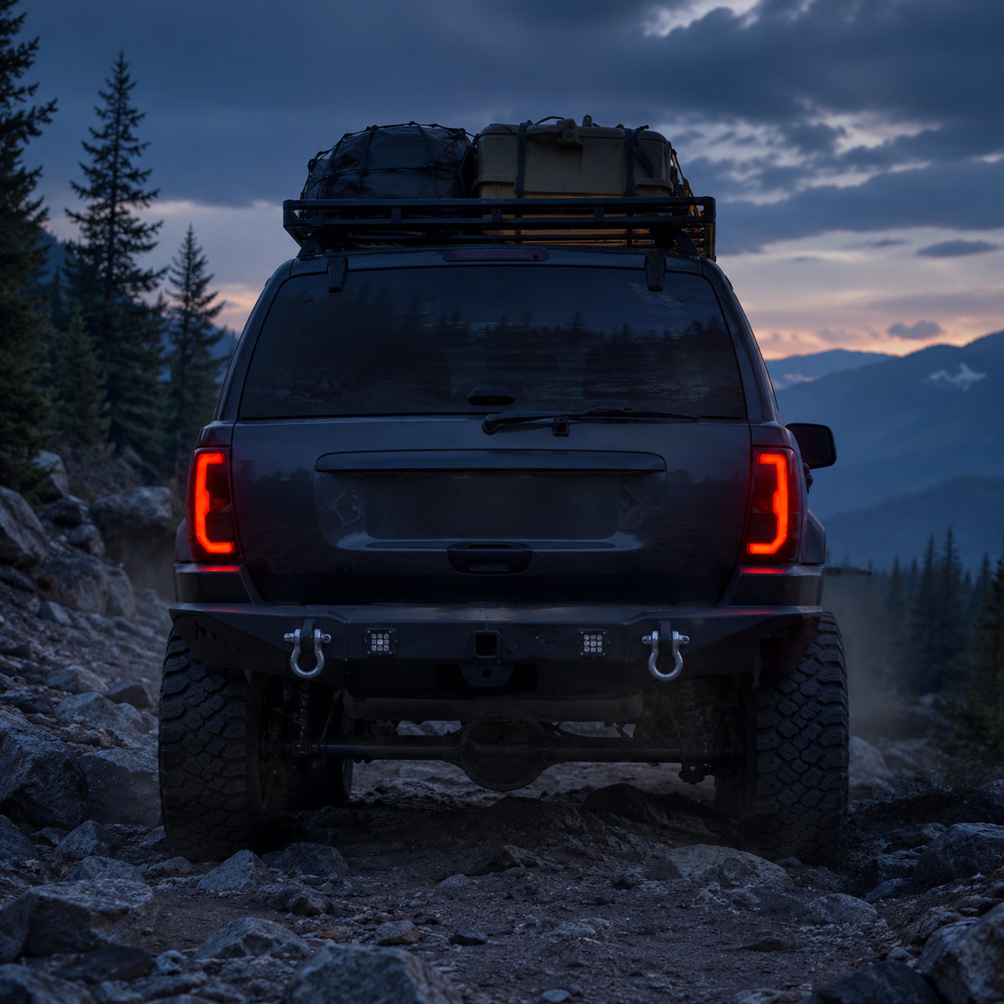1999-2004 Jeep Grand Cherokee Sequential LED Tail Lights — smoked scene night rear