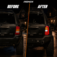 1999-2004 Jeep Grand Cherokee Sequential LED Tail Lights — smoked before after night residential 14 corrected