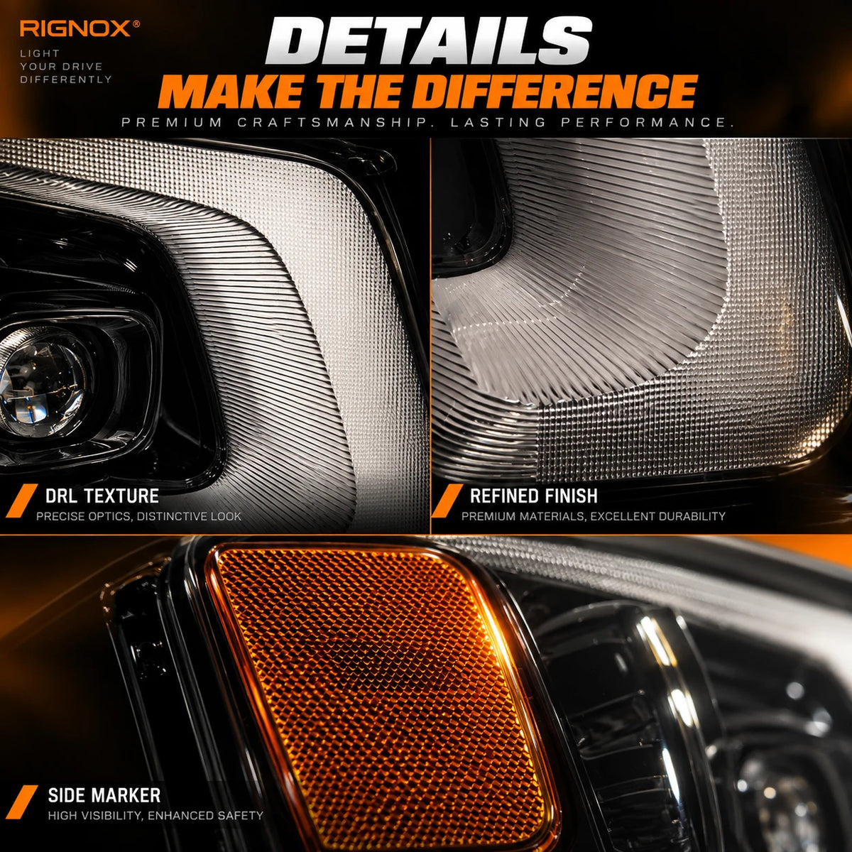 2004-2008 Ford F-150 & 2006-2008 Lincoln Mark LT LED Dual Projector Headlights — DRL side marker and housing details — H-F150-04