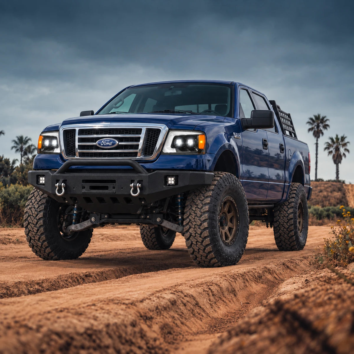 2004-2008 Ford F-150 & 2006-2008 Lincoln Mark LT LED Dual Projector Headlights — off-road truck installed view — H-F150-04