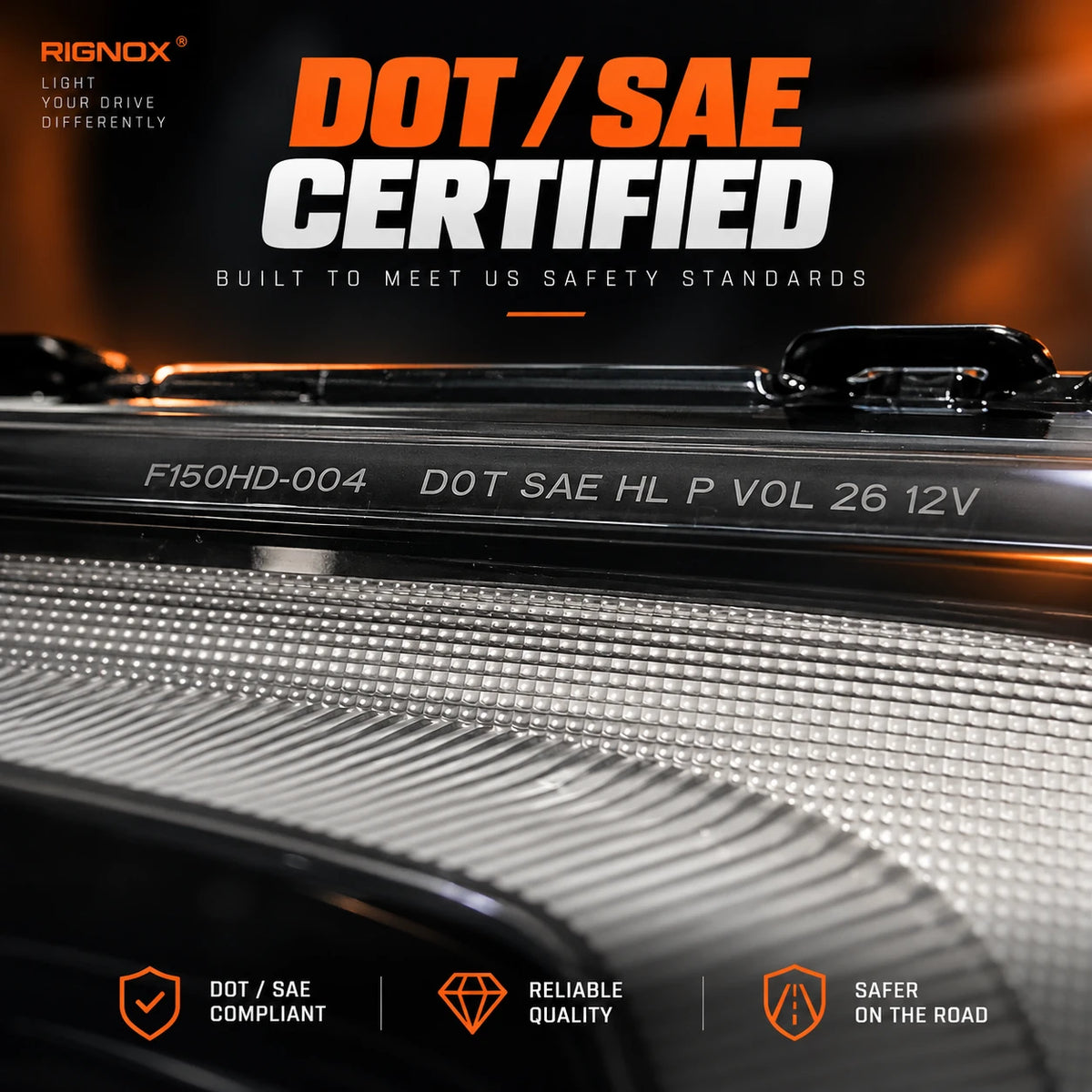 2004-2008 Ford F-150 & 2006-2008 Lincoln Mark LT LED Dual Projector Headlights — DOT SAE certified lens detail — H-F150-04