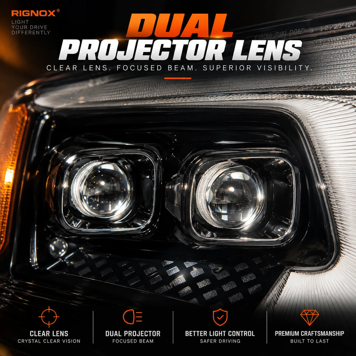2004-2008 Ford F-150 & 2006-2008 Lincoln Mark LT LED Dual Projector Headlights — clear lens focused beam close-up — H-F150-04