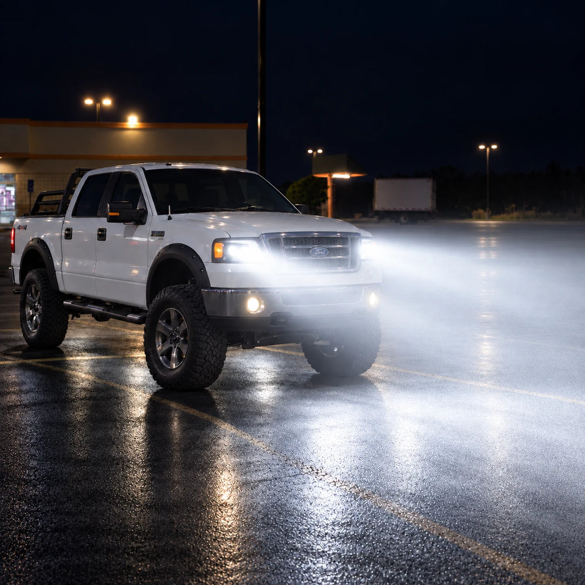 2004-2008 Ford F-150 & 2006-2008 Lincoln Mark LT LED Dual Projector Headlights — high beam nighttime display — H-F150-04