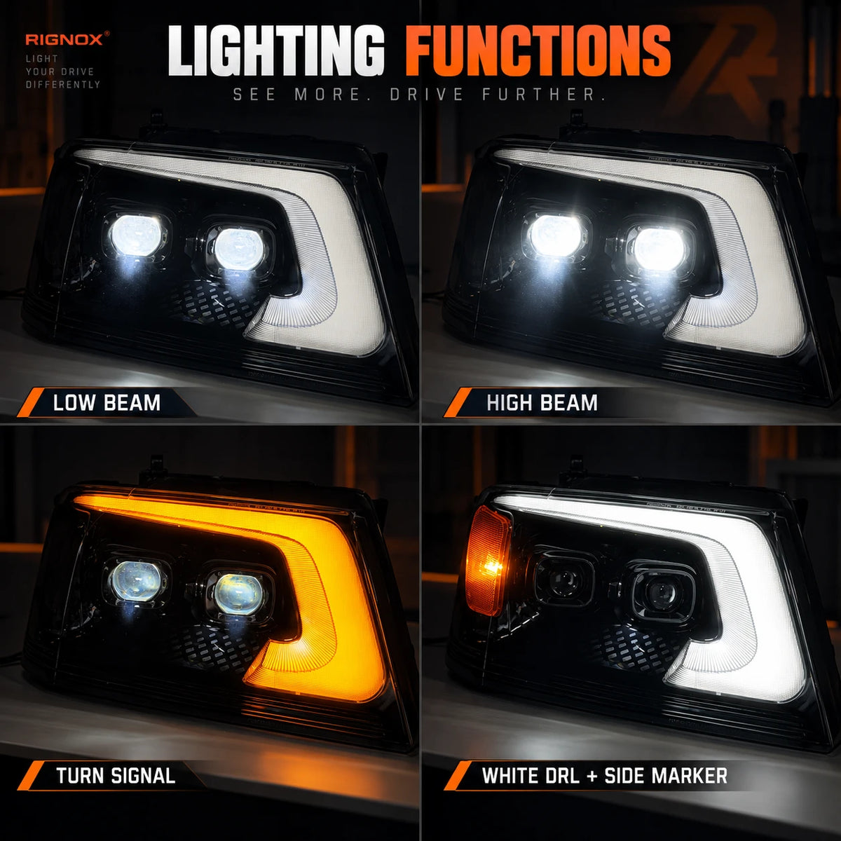 2004-2008 Ford F-150 & 2006-2008 Lincoln Mark LT LED Dual Projector Headlights — lighting functions display — H-F150-04