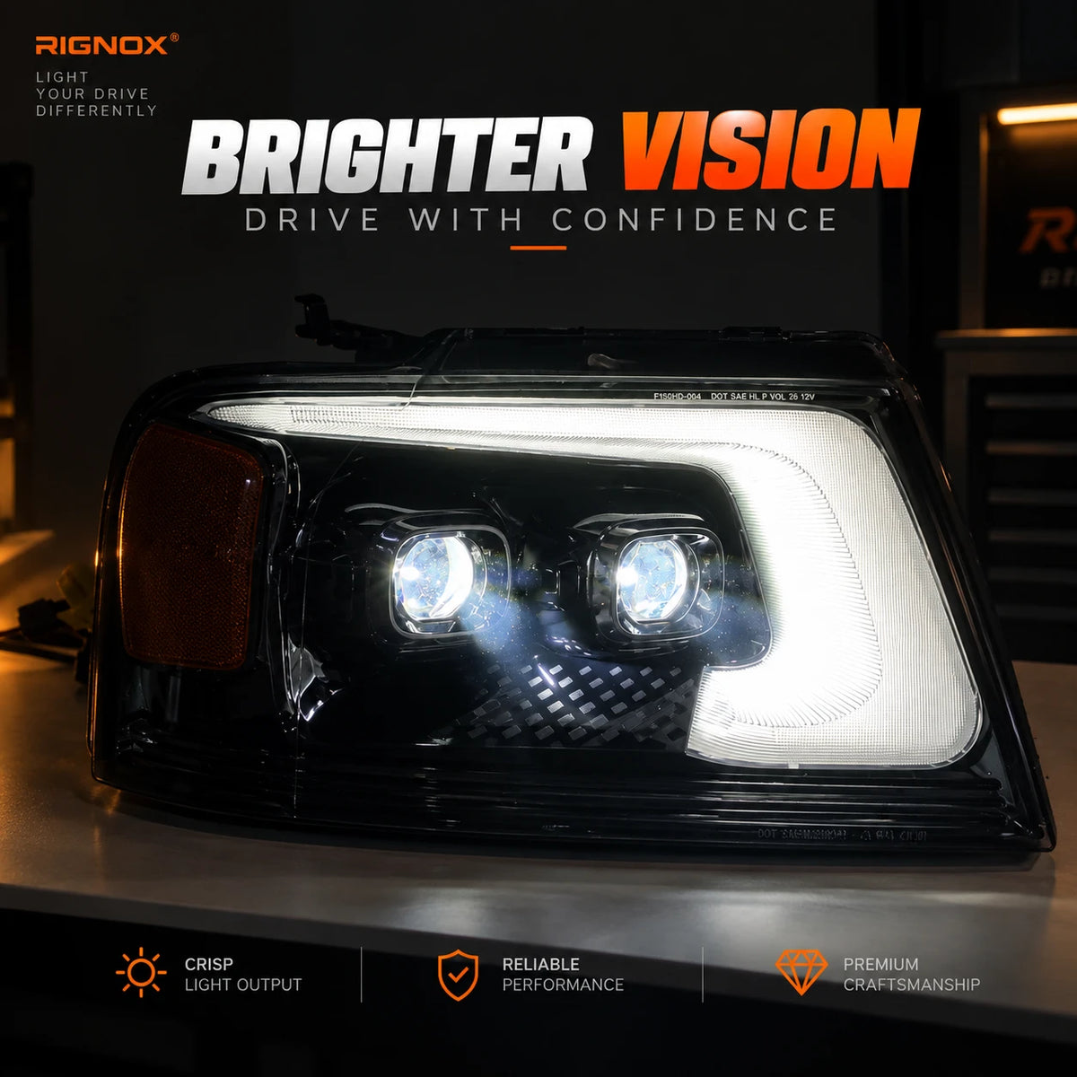 2004-2008 Ford F-150 & 2006-2008 Lincoln Mark LT LED Dual Projector Headlights — nighttime visibility display — H-F150-04