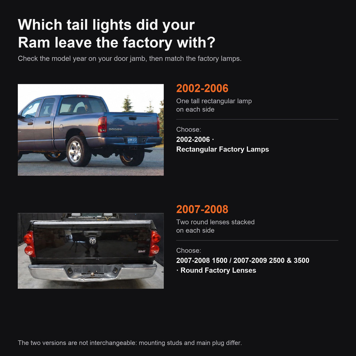 2002-2008 Dodge Ram Sequential LED Tail Lights — which factory tail lights: 2002-2006 rectangular or 2007-2008 round lenses — T-RAM02-06 T-RAM07-08