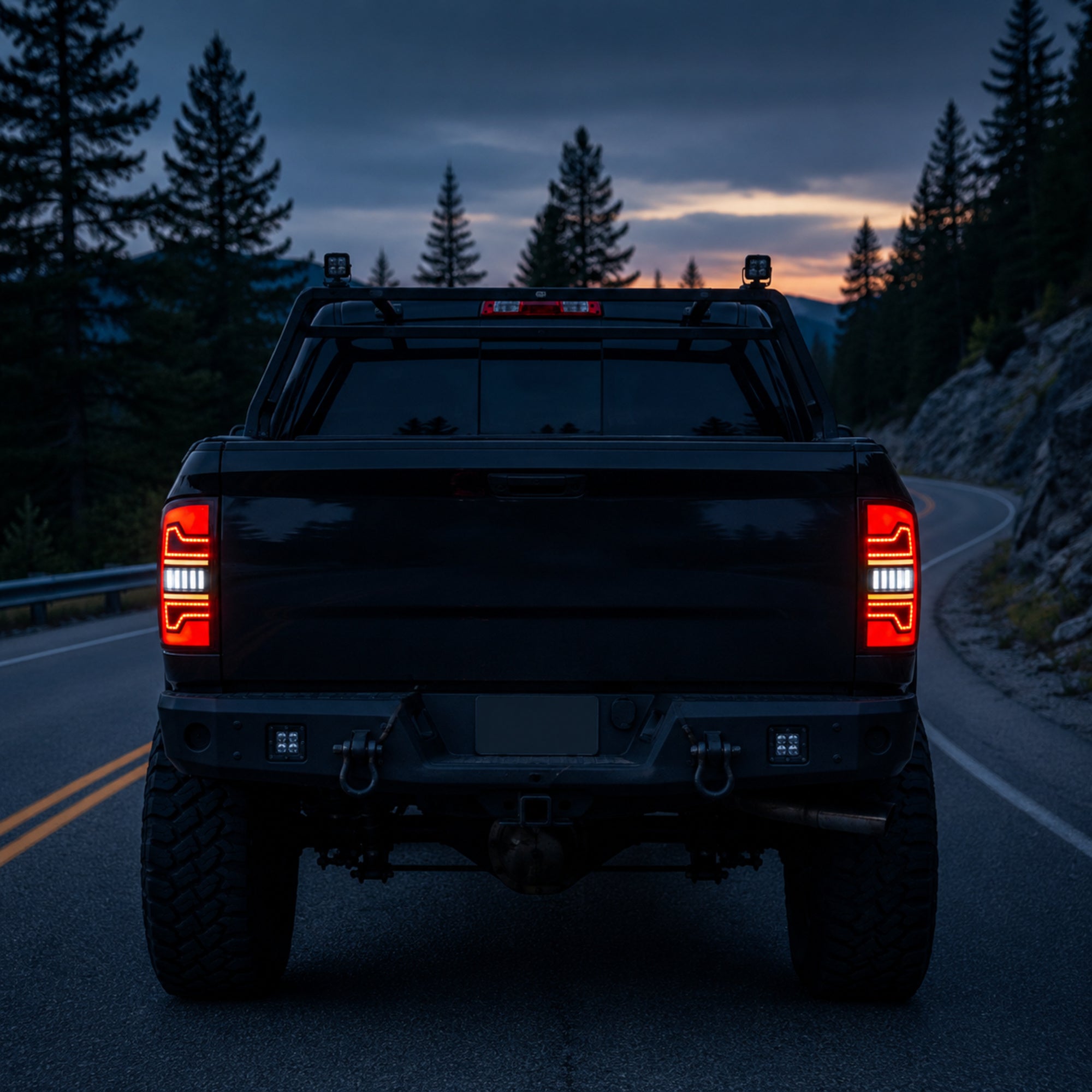 2002-2008 Dodge Ram Sequential LED Tail Lights — smoke red bar blue hour rear view - T-RAM07-08