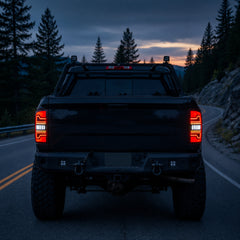 2002-2008 Dodge Ram Sequential LED Tail Lights — smoke red bar blue hour rear view - T-RAM07-08