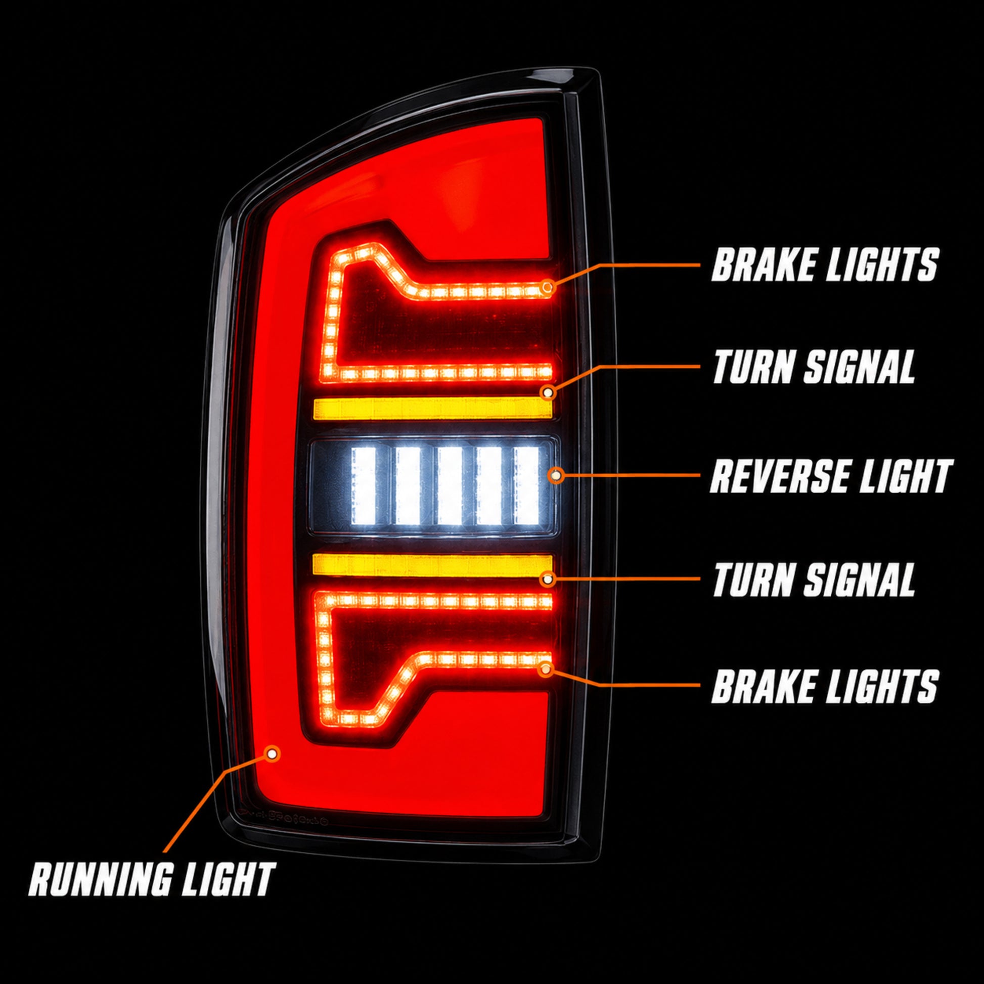 2002-2008 Dodge Ram Sequential LED Tail Lights — smoke red bar function layout - T-RAM02-06