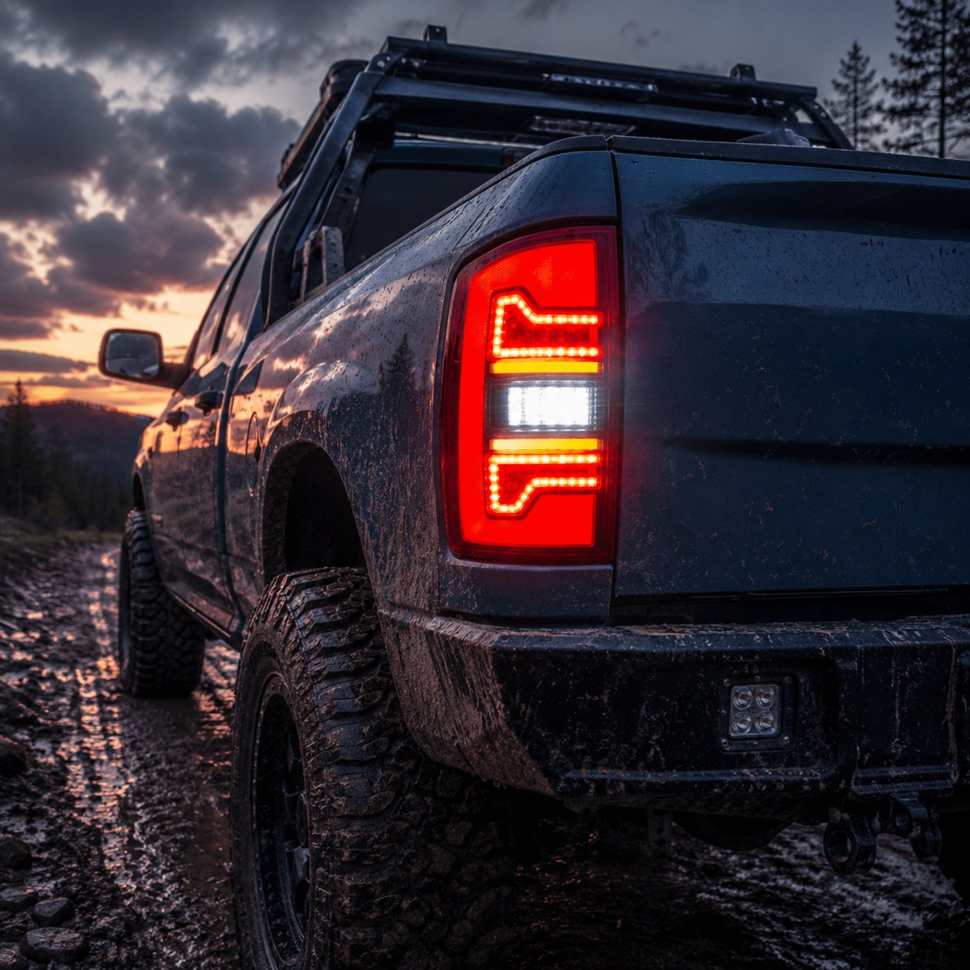 2002-2008 Dodge Ram Sequential LED Tail Lights — smoke red bar mud gravel low angle - T-RAM02-06