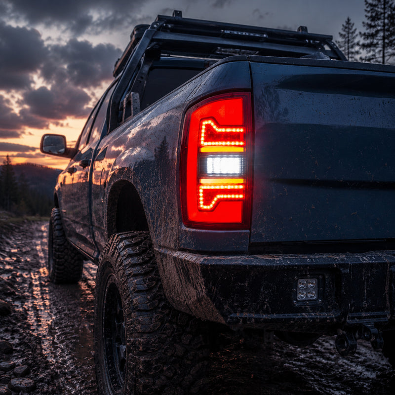 2002-2008 Dodge Ram Sequential LED Tail Lights — smoke red bar mud gravel low angle - T-RAM02-06