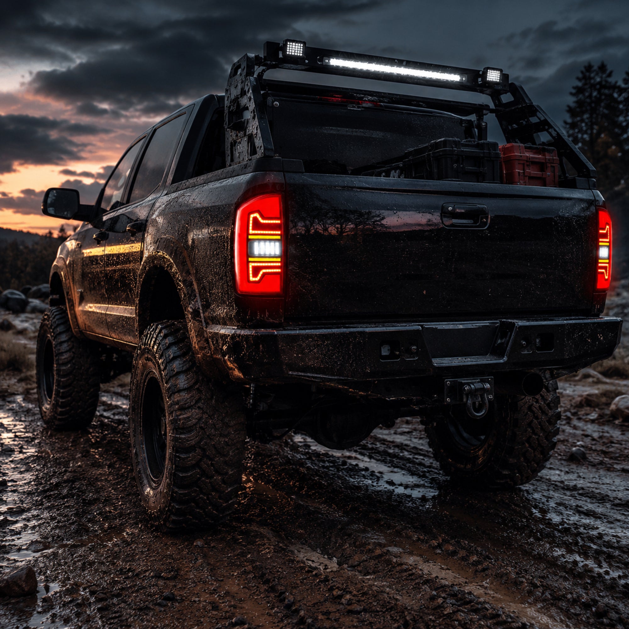 2002-2008 Dodge Ram Sequential LED Tail Lights — smoke red bar mud trail low angle - T-RAM07-08
