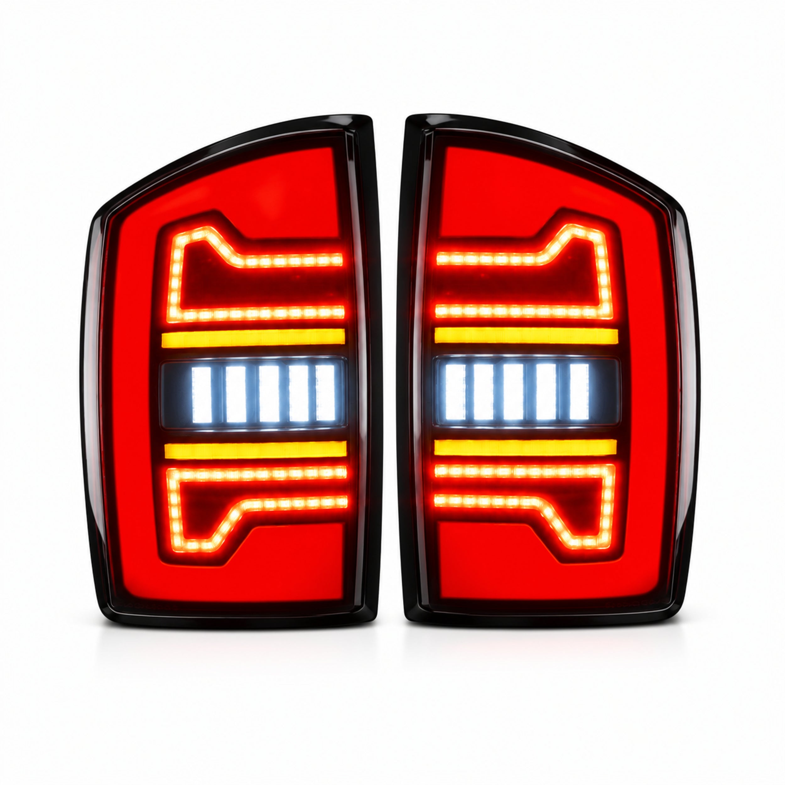 2002-2008 Dodge Ram Sequential LED Tail Lights — smoke red bar white background lit - T-RAM02-06