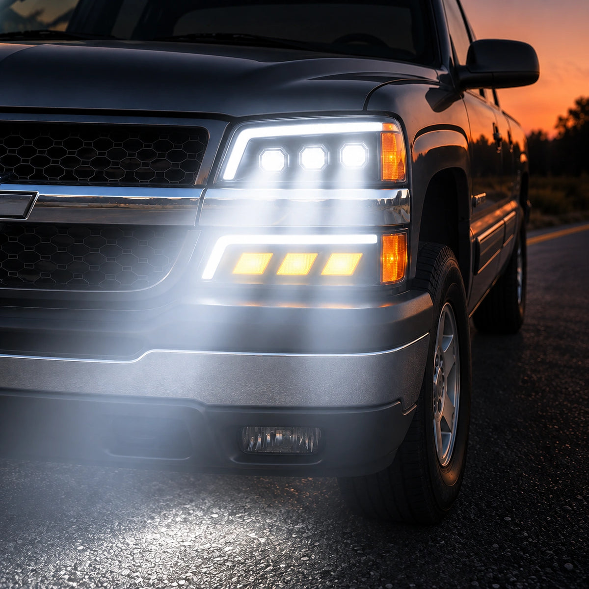 2003-2006 Chevrolet Silverado, 2007 Silverado Classic & 2003-2006 Avalanche (GMT800) LED Triple Projector Headlights Assembly — 4-Piece Kit — Headlights illuminated at dusk — H-SIL03