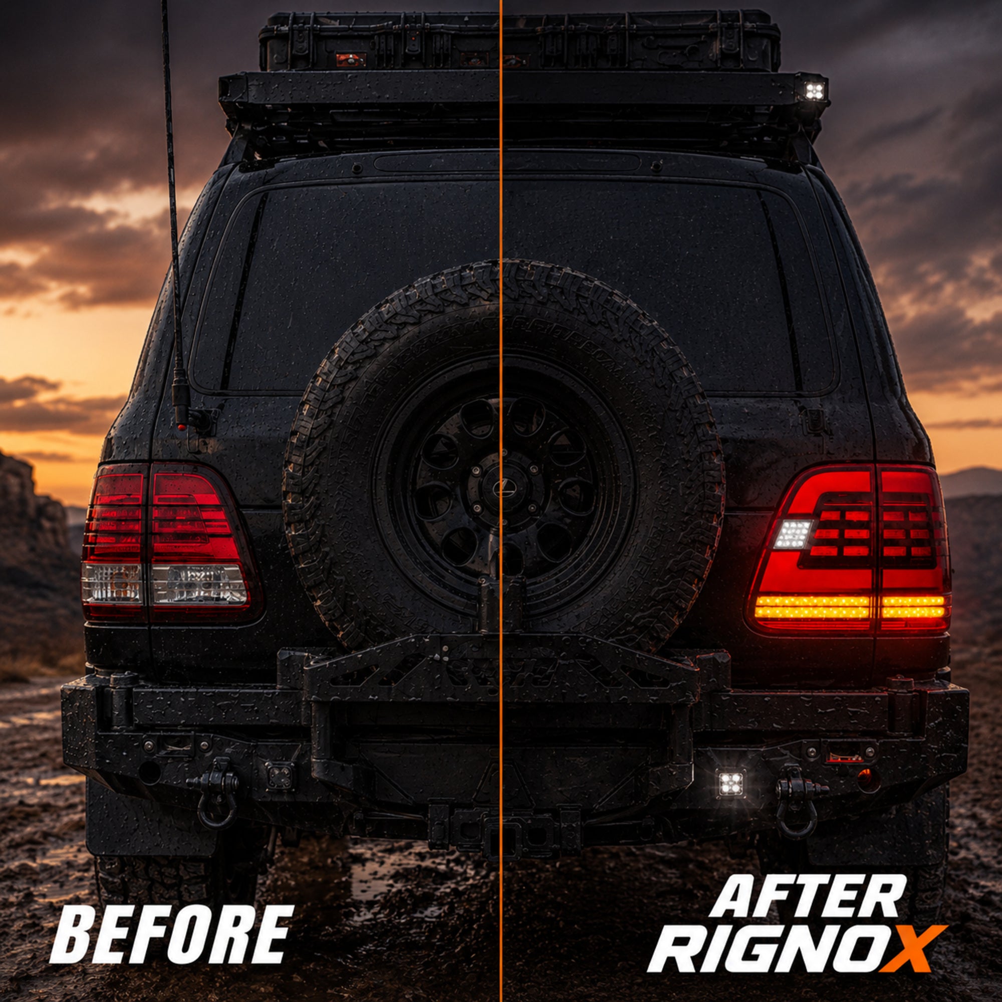 2003-2007 Lexus LX470 Sequential LED Tail Lights — smoke red bar compare before after