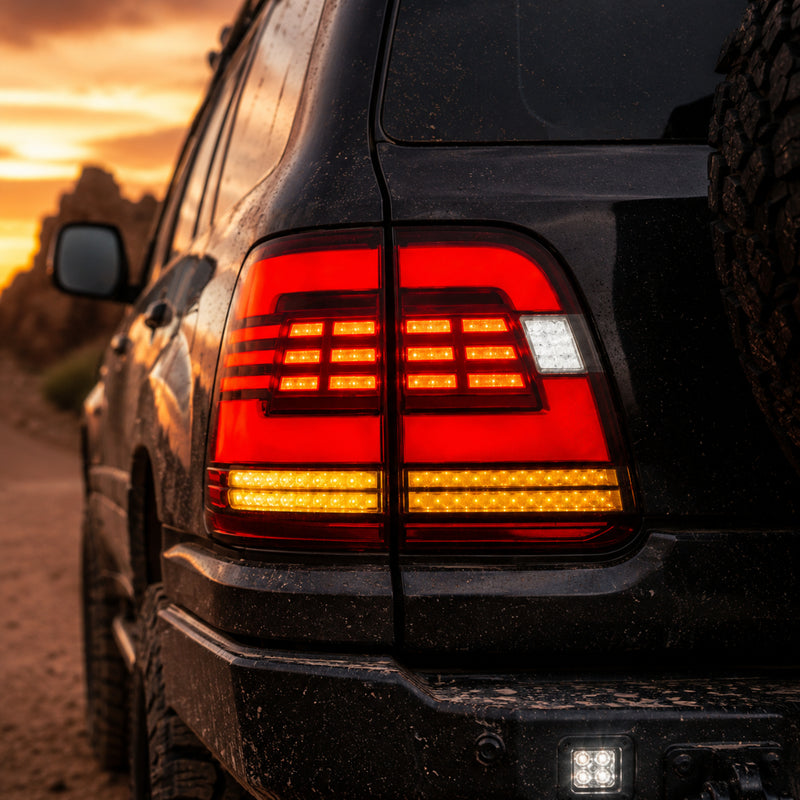 2003-2007 Lexus LX470 Sequential LED Tail Lights — smoke red bar lens close trail detail