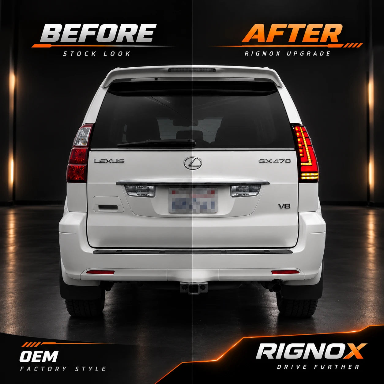2003-2009 Lexus GX470 Sequential LED Tail Lights Assembly — before after comparison — T-GX470-03-SR