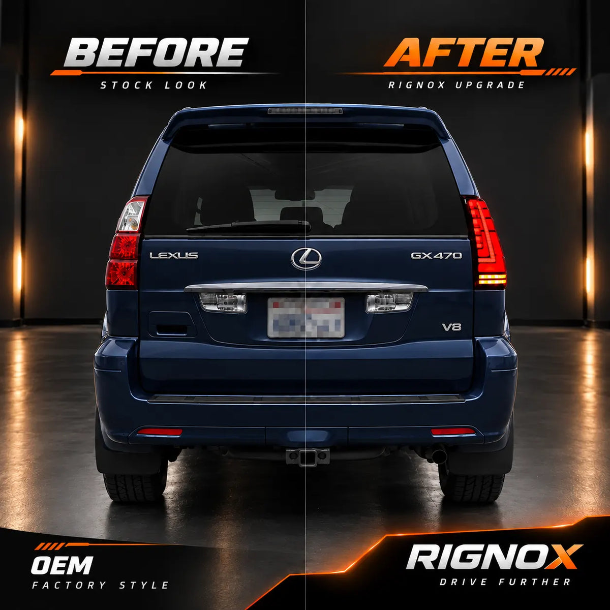 2003-2009 Lexus GX470 Sequential LED Tail Lights Assembly — Pair — OEM versus RIGNOX upgrade comparison — T-GX470-03-SW