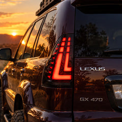 2003-2009 Lexus GX470 Sequential LED Tail Lights Assembly — Pair — Running light close-up at sunset — T-GX470-03-SW
