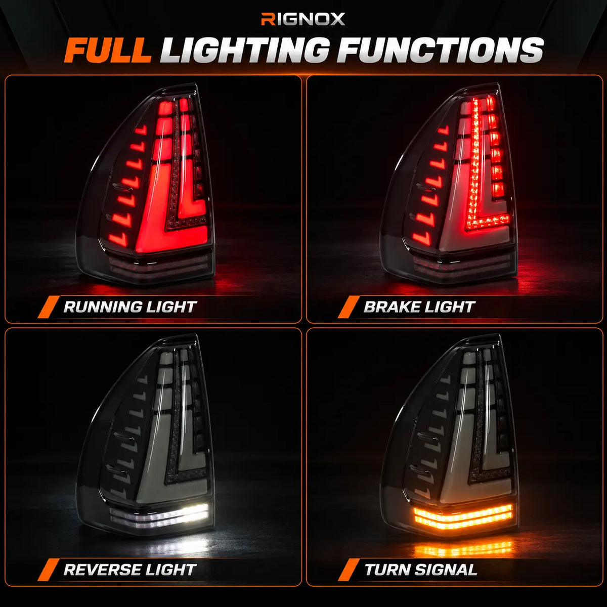2003-2009 Lexus GX470 Sequential LED Tail Lights Assembly — Pair — Four lighting functions comparison — T-GX470-03-SW