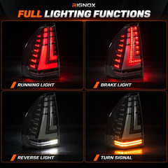 2003-2009 Lexus GX470 Sequential LED Tail Lights Assembly — Pair — Four lighting functions comparison — T-GX470-03-SW