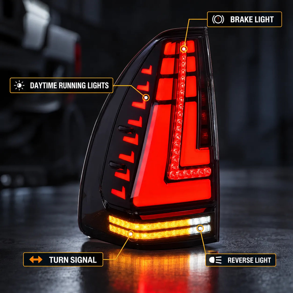 2003-2009 Lexus GX470 Sequential LED Tail Lights Assembly — Pair — Lighting functions identification diagram — T-GX470-03-SW