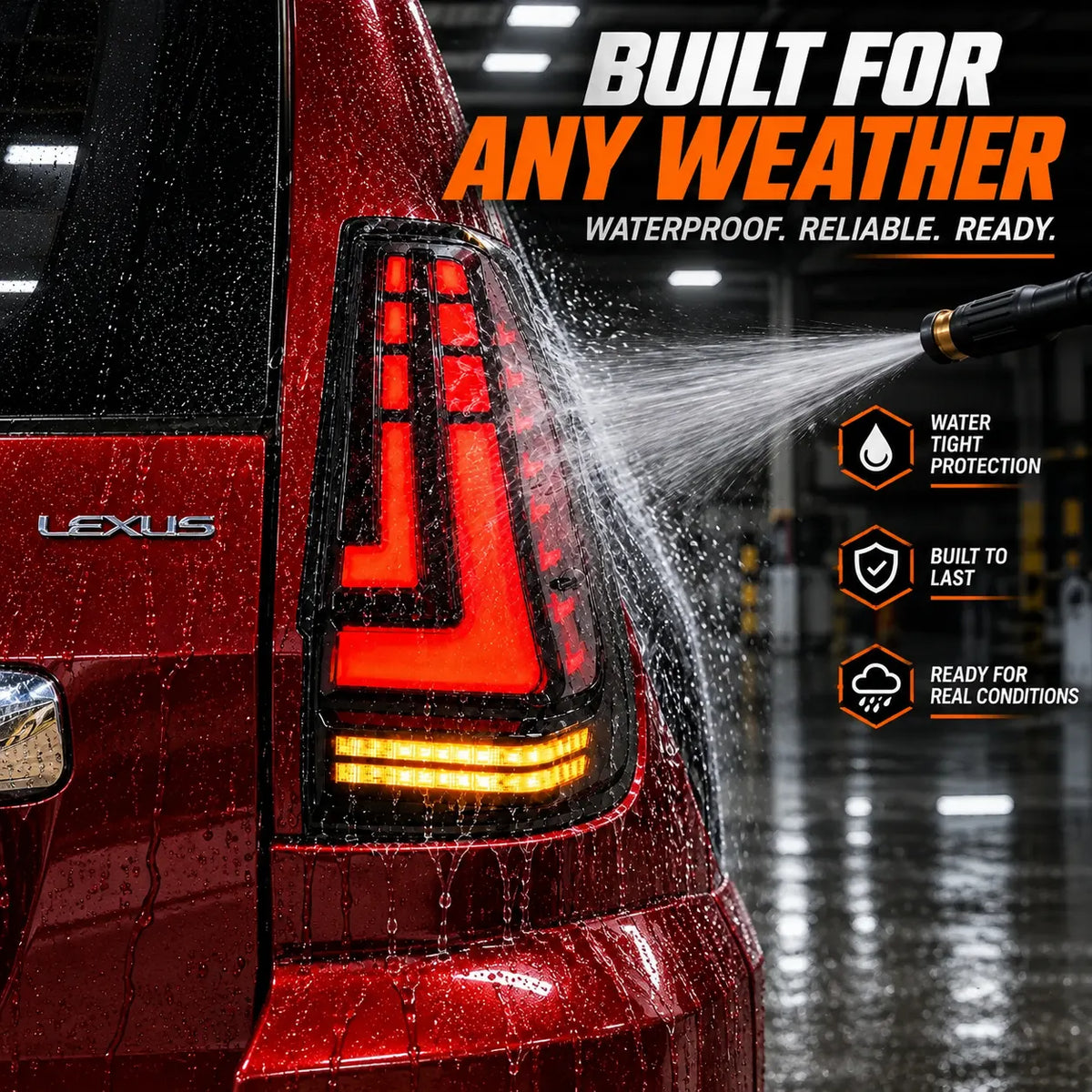 2003-2009 Lexus GX470 Sequential LED Tail Lights Assembly — Pair — Water resistance demonstration — T-GX470-03-SW