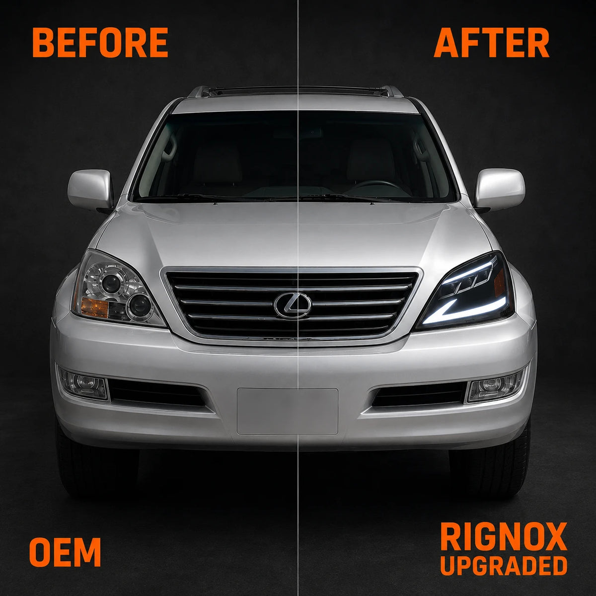2003-2009 Lexus GX470 LED Triple Projector Headlights Assembly — before after comparison — H-GX470-03