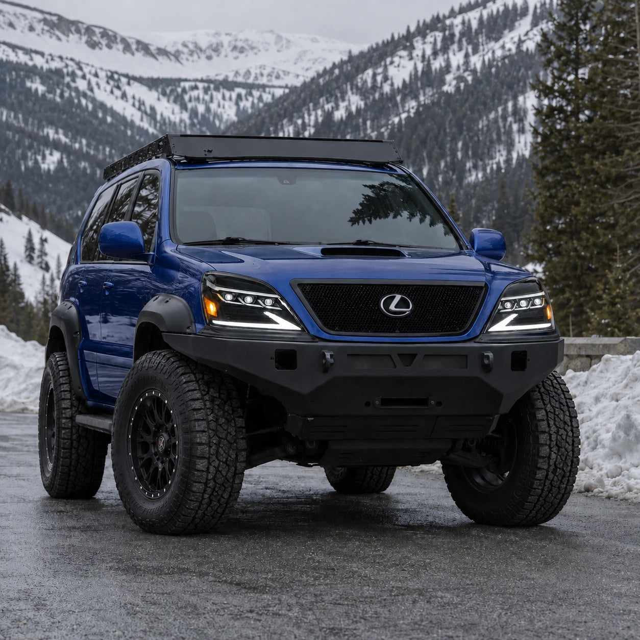 2003-2009 Lexus GX470 LED Triple Projector Headlights Assembly — driving in the snow — H-GX470-03