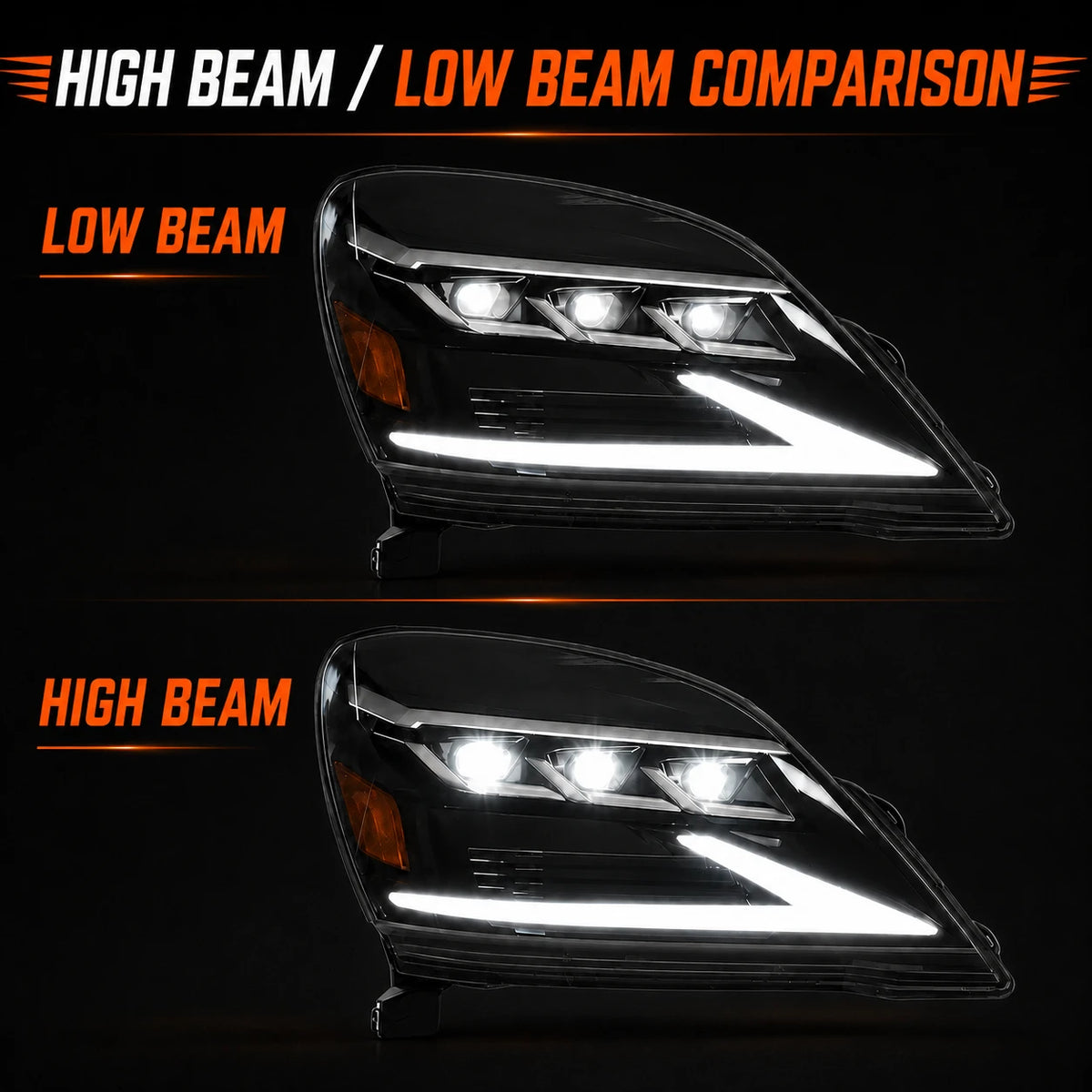 2003-2009 Lexus GX470 LED Triple Projector Headlights Assembly — high low beam comparison — H-GX470-03