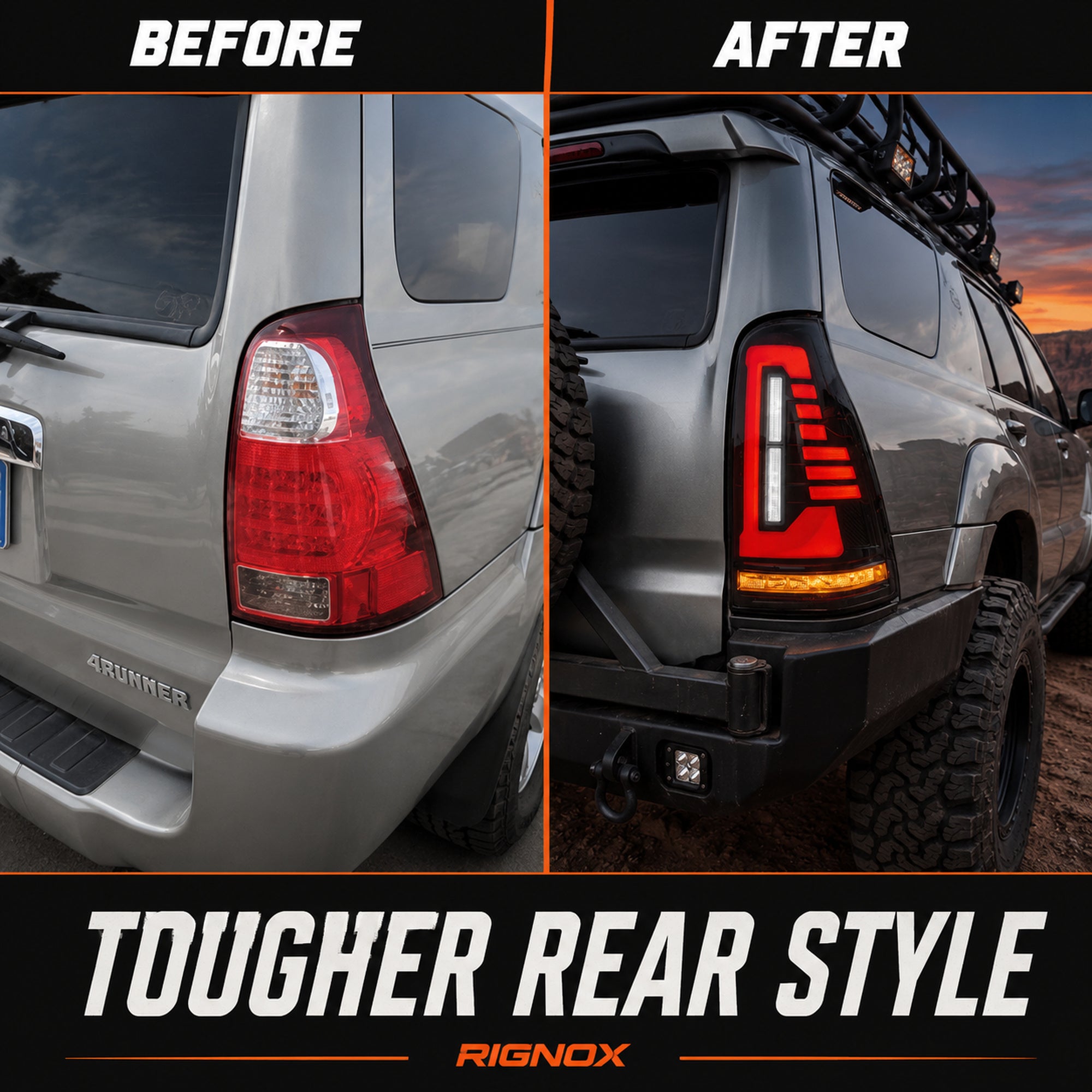 2003-2009 Toyota 4Runner Sequential LED Tail Lights — smoke red before after - T-4RN03