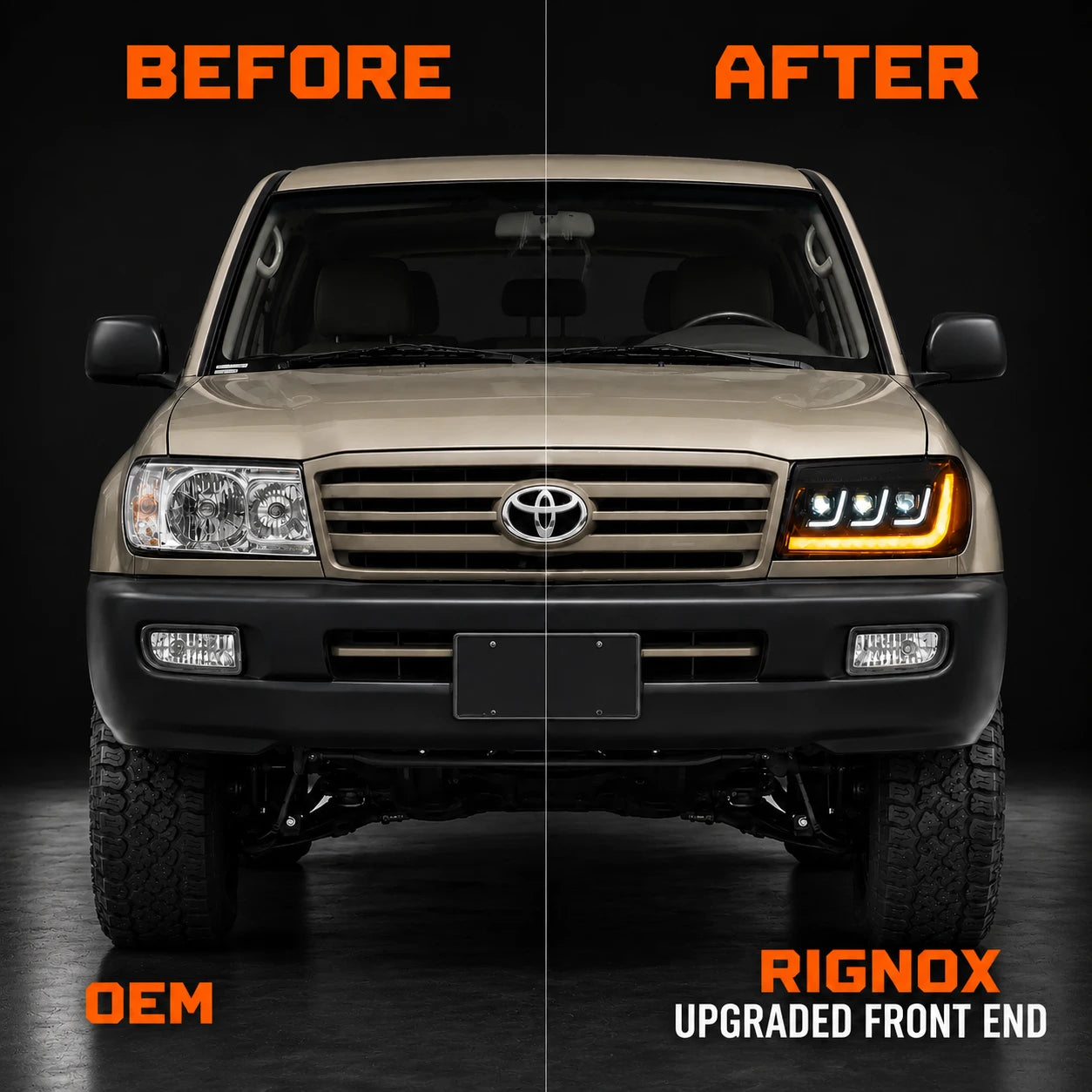 2004-2007 Toyota Land Cruiser 100 LED Triple Projector Headlights Assembly — before after comparison  — H-LC100-04
