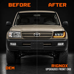 2004-2007 Toyota Land Cruiser 100 LED Triple Projector Headlights Assembly — before after comparison  — H-LC100-04